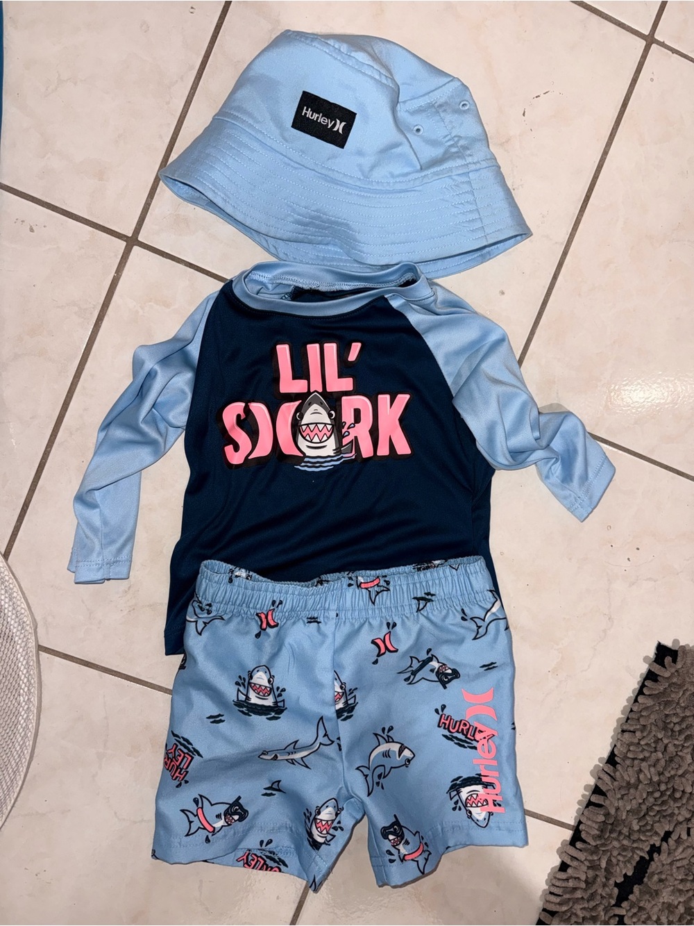 Hurley Kids Light Blue & Navy 'Lil' Shark' Rashguard Set with Hat